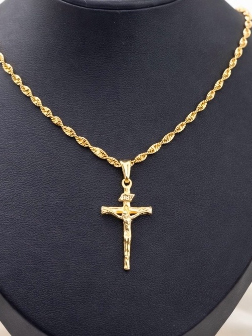Crucifix Necklace Singapore Chain 16” - 18K Gold Filled Religious Pendant